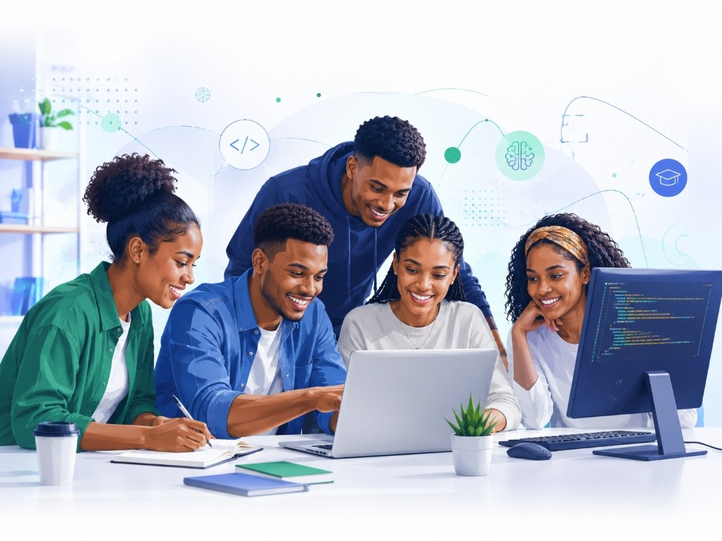 EFBI students collaborating and learning software engineering, AI, and digital skills together